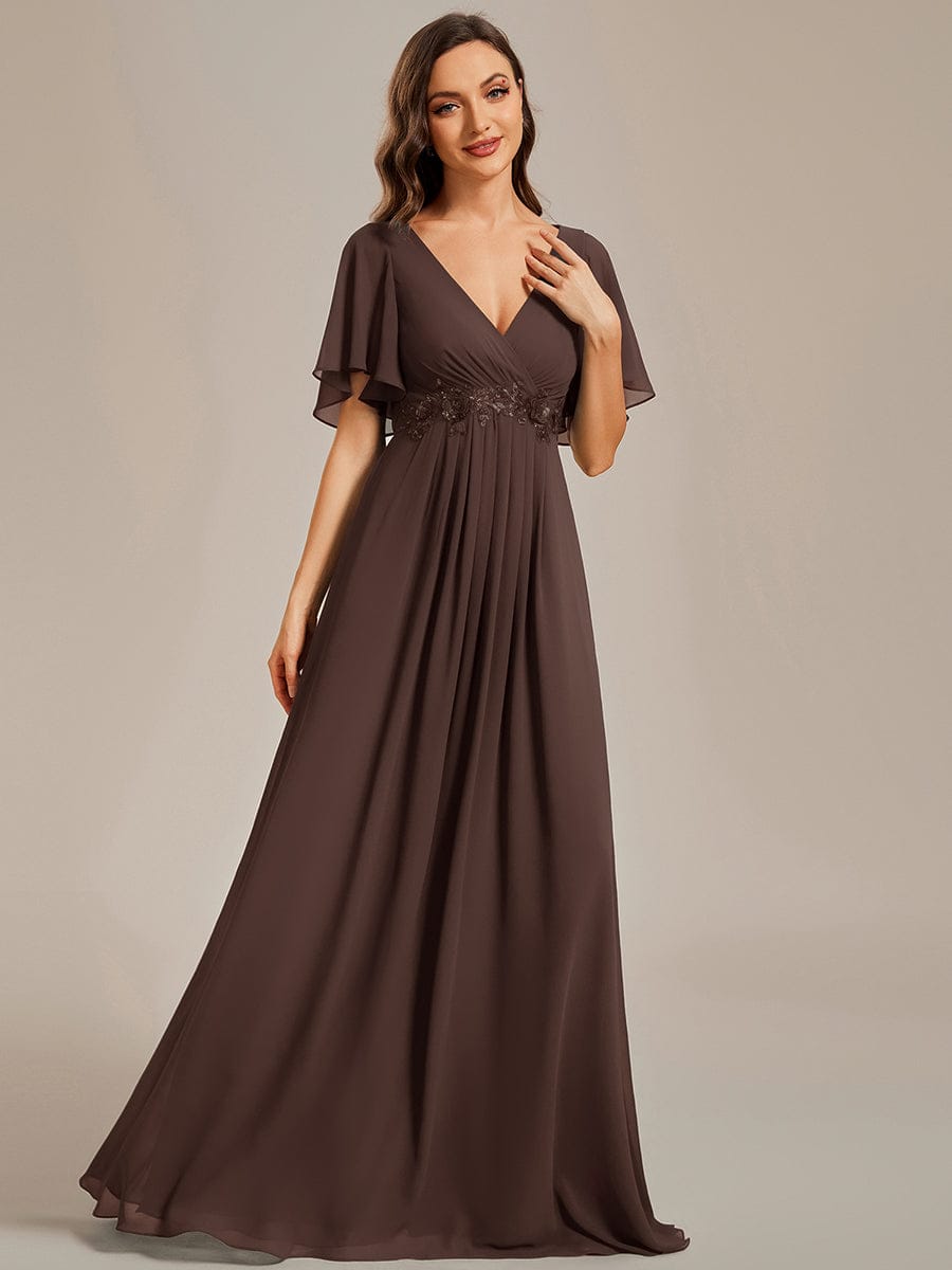 ever IVYROSE|Ruffles Sleeve A-Line Chiffon Waist Applique Maxi Formal Evening Dress