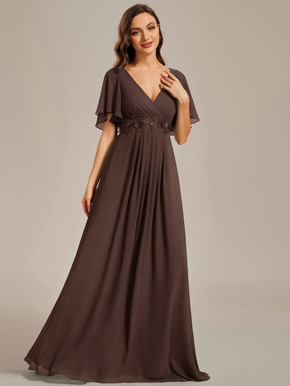 ever IVYROSE|Ruffles Sleeve A-Line Chiffon Waist Applique Maxi Formal Evening Dress