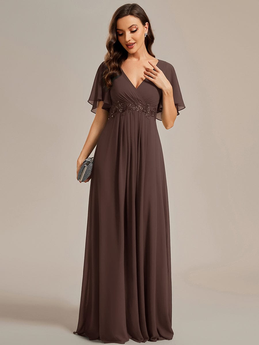 ever IVYROSE|Ruffles Sleeve A-Line Chiffon Waist Applique Maxi Formal Evening Dress