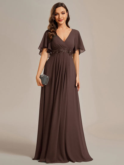 ever IVYROSE|Ruffles Sleeve A-Line Chiffon Waist Applique Maxi Formal Evening Dress