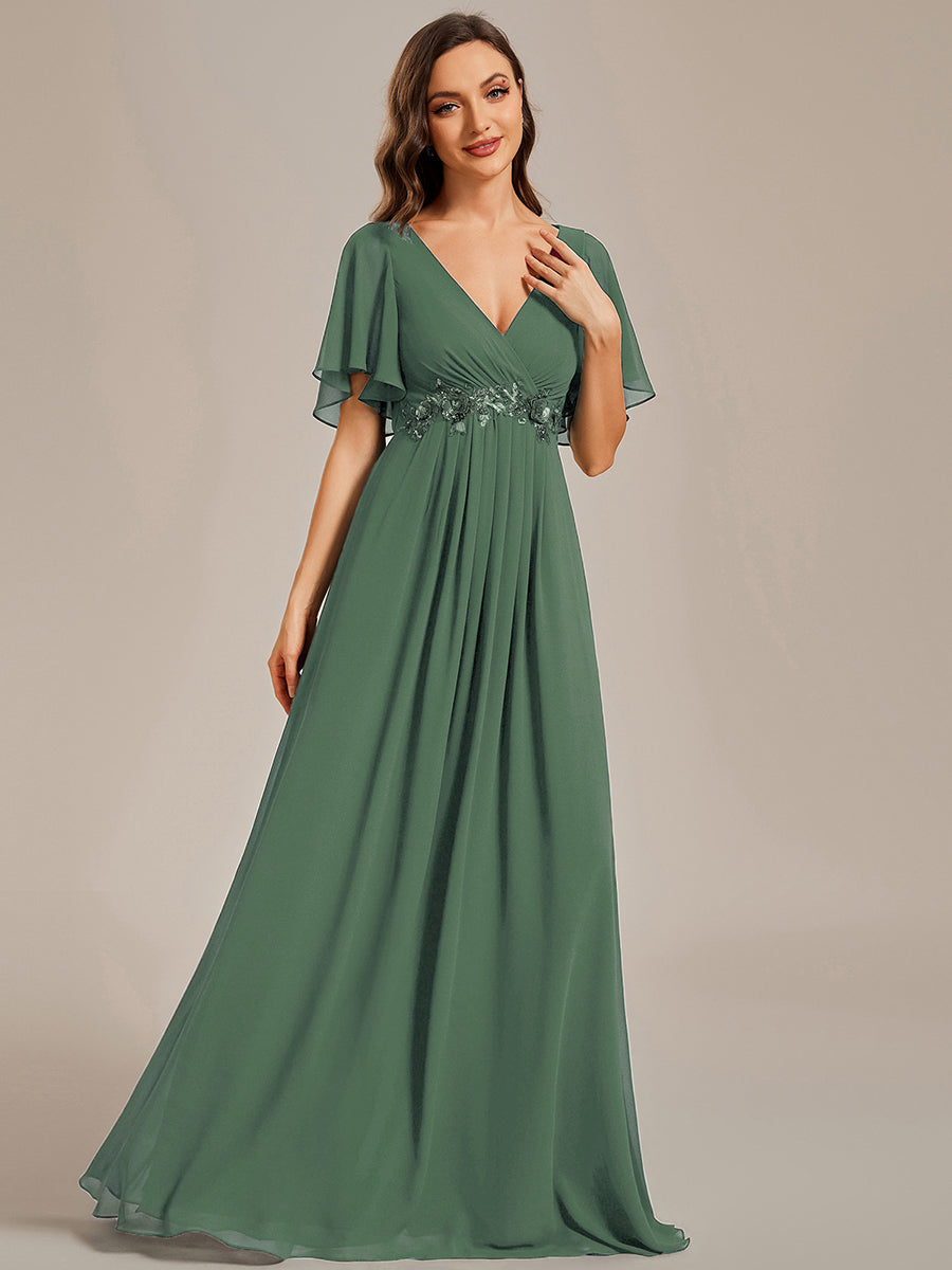 ever IVYROSE|Ruffles Sleeve A-Line Chiffon Waist Applique Maxi Formal Evening Dress