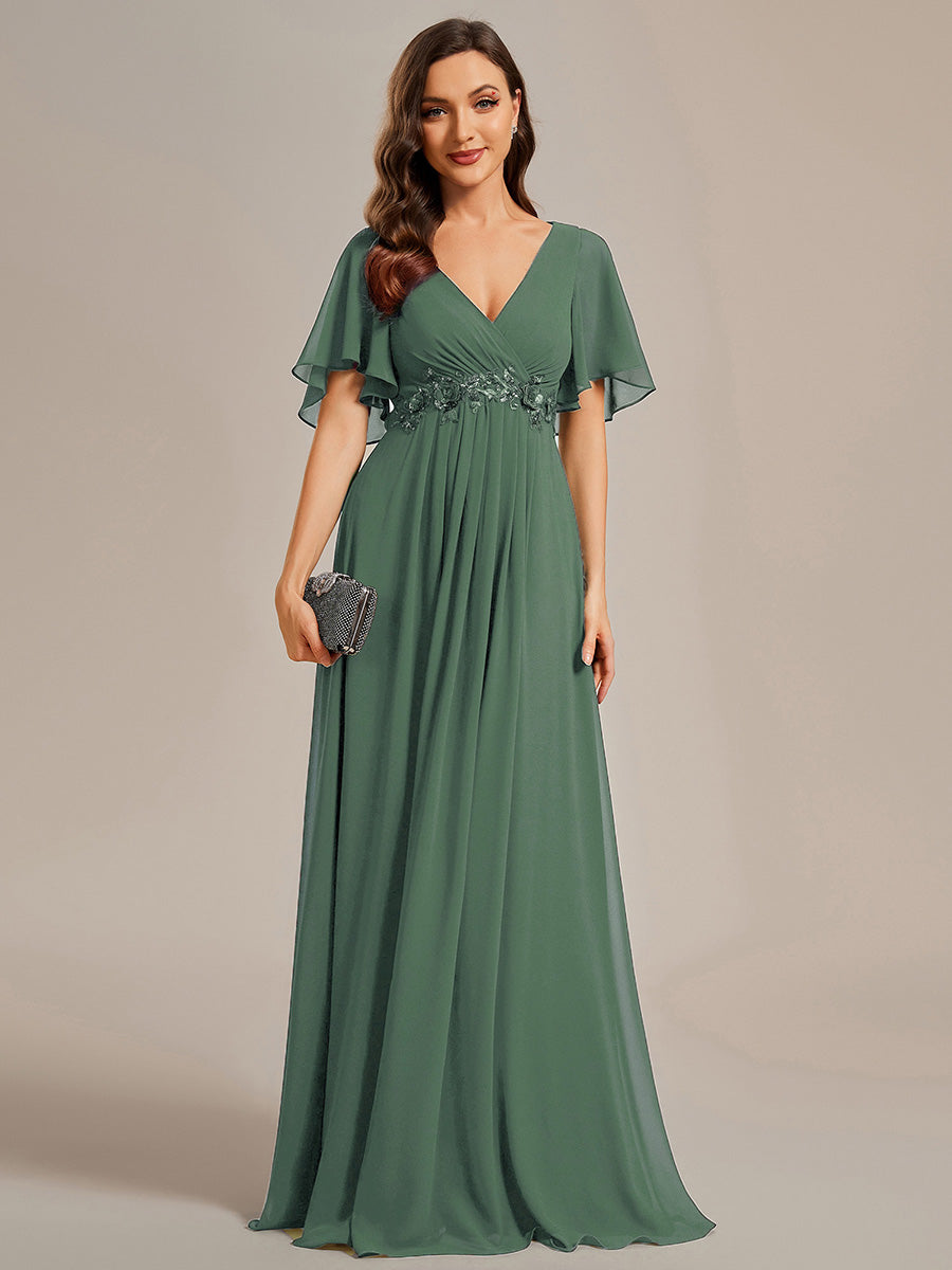 ever IVYROSE|Ruffles Sleeve A-Line Chiffon Waist Applique Maxi Formal Evening Dress