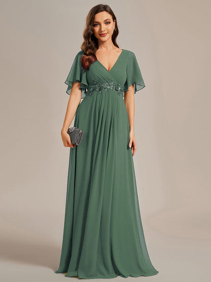 ever IVYROSE|Ruffles Sleeve A-Line Chiffon Waist Applique Maxi Formal Evening Dress