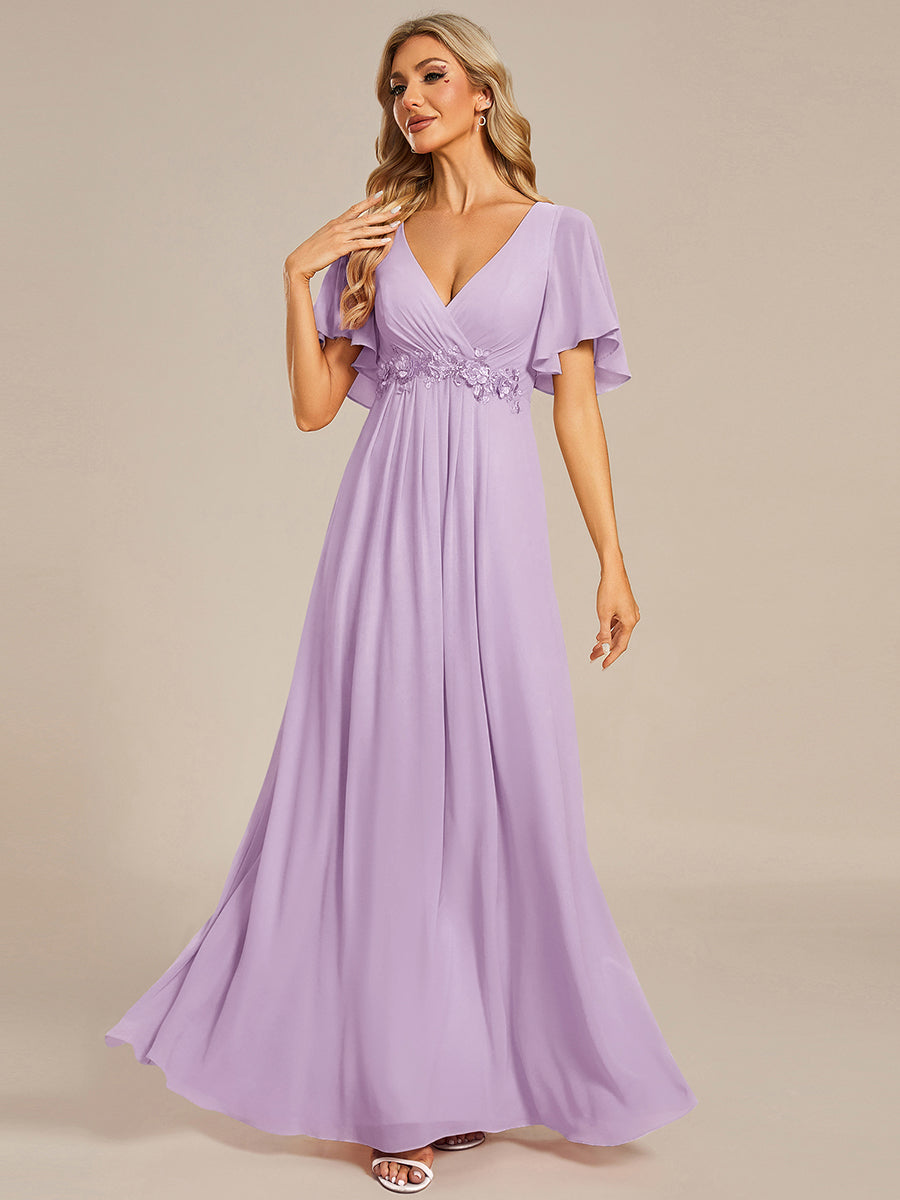 ever IVYROSE|Ruffles Sleeve A-Line Chiffon Waist Applique Maxi Formal Evening Dress