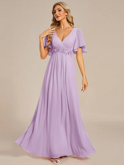 ever IVYROSE|Ruffles Sleeve A-Line Chiffon Waist Applique Maxi Formal Evening Dress