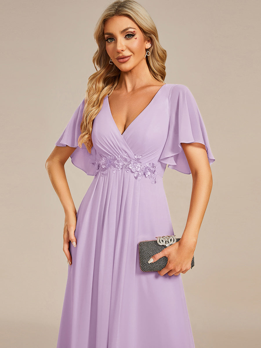 ever IVYROSE|Ruffles Sleeve A-Line Chiffon Waist Applique Maxi Formal Evening Dress
