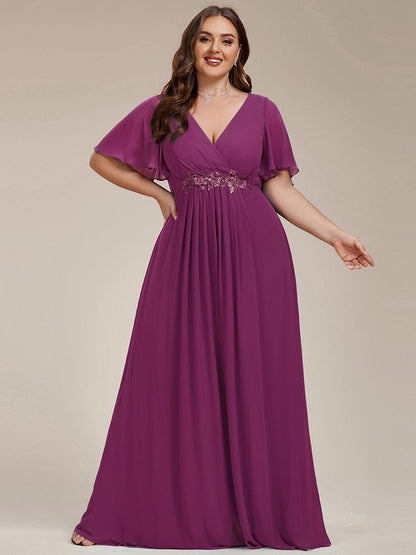 ever IVYROSE|Ruffles Sleeve A-Line Chiffon Waist Applique Maxi Mother of the Bride Dress
