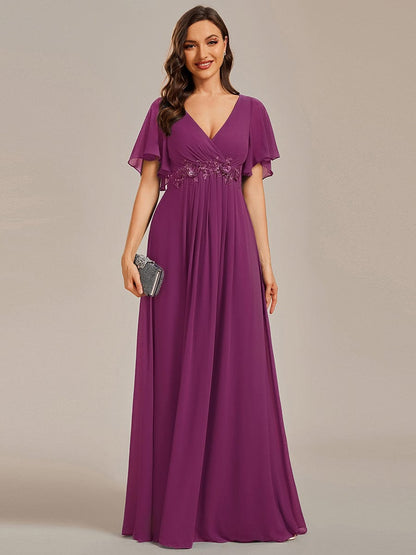ever IVYROSE|Ruffles Sleeve A-Line Chiffon Waist Applique Maxi Formal Evening Dress
