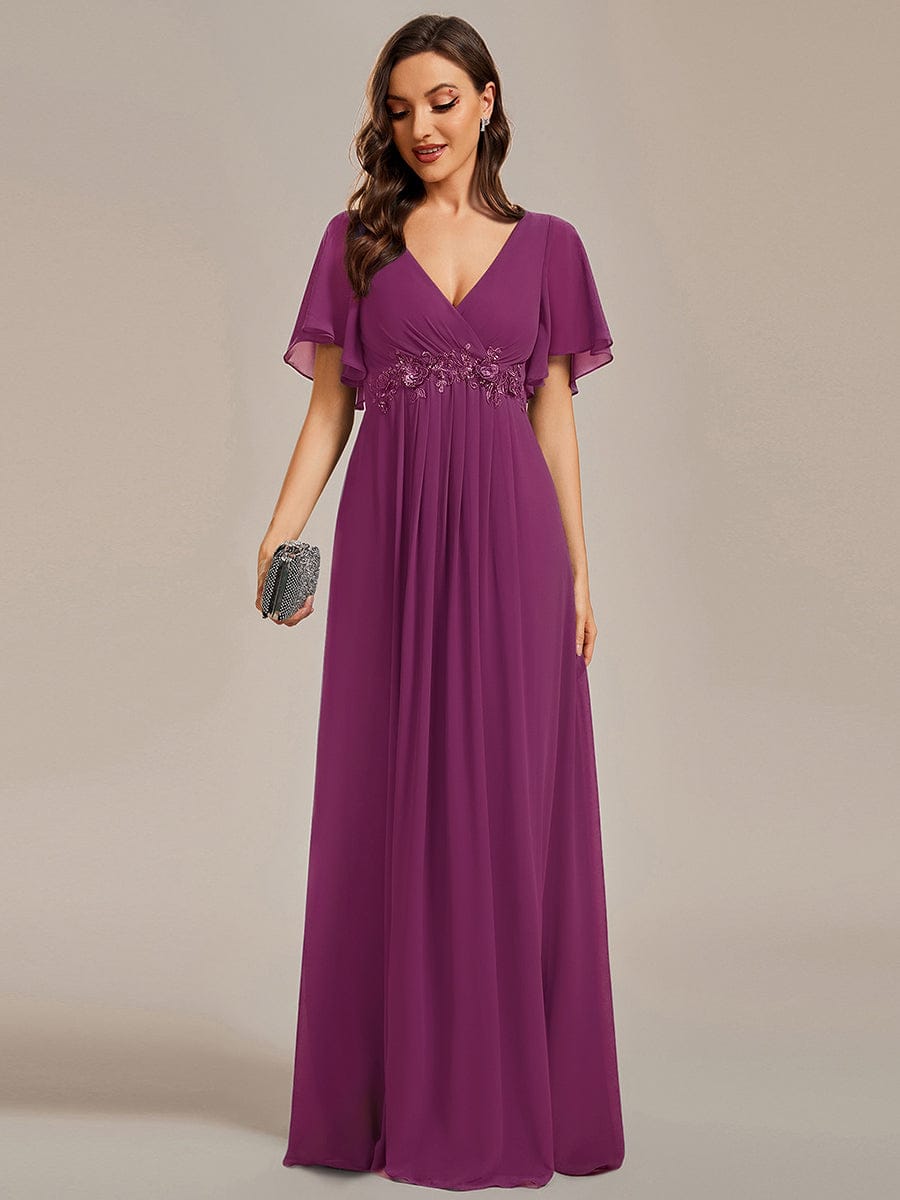 ever IVYROSE|Ruffles Sleeve A-Line Chiffon Waist Applique Maxi Mother of the Bride Dress