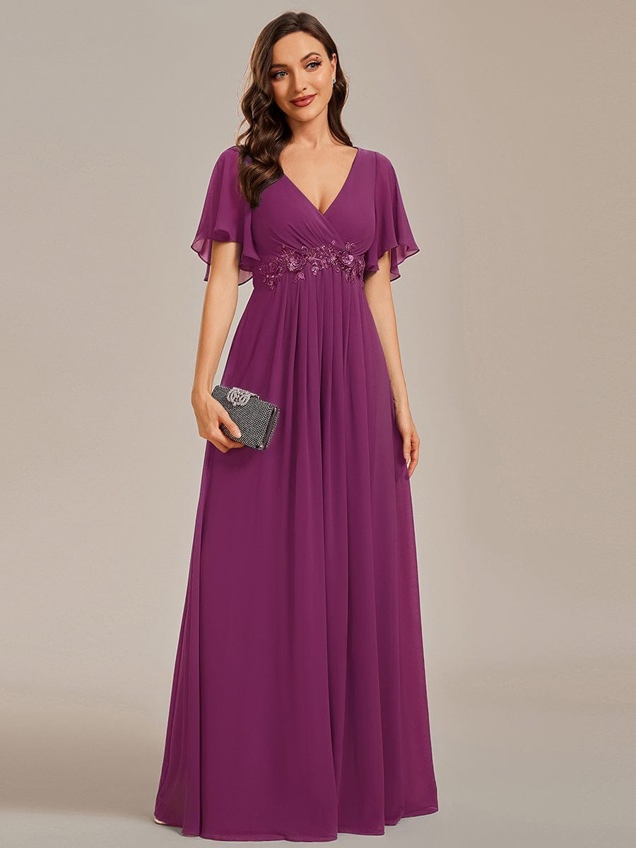ever IVYROSE|Ruffles Sleeve A-Line Chiffon Waist Applique Maxi Mother of the Bride Dress