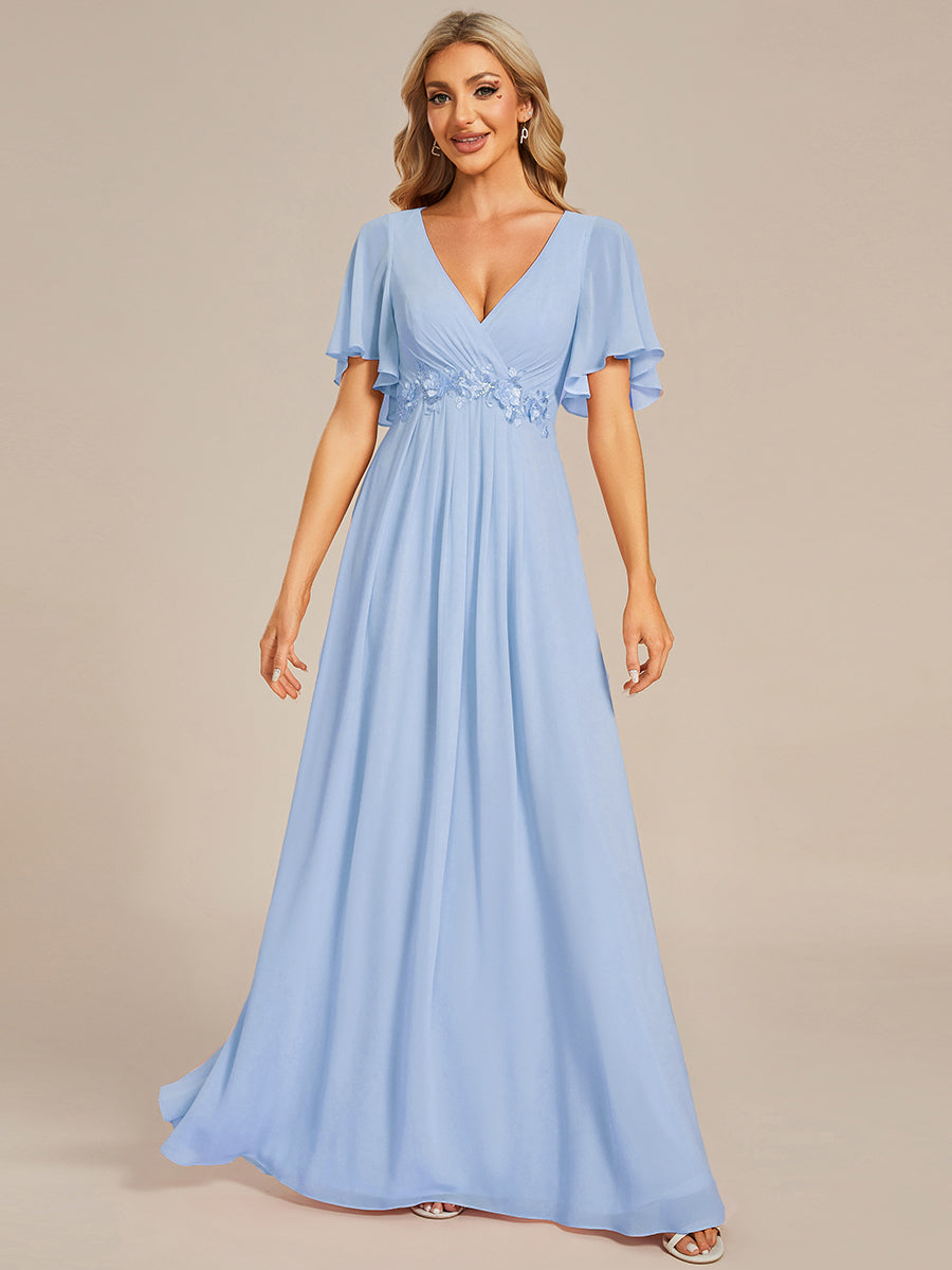 ever IVYROSE|Ruffles Sleeve A-Line Chiffon Waist Applique Maxi Wedding Guest Dress