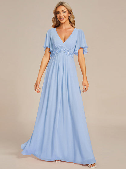 ever IVYROSE|Ruffles Sleeve A-Line Chiffon Waist Applique Maxi Wedding Guest Dress