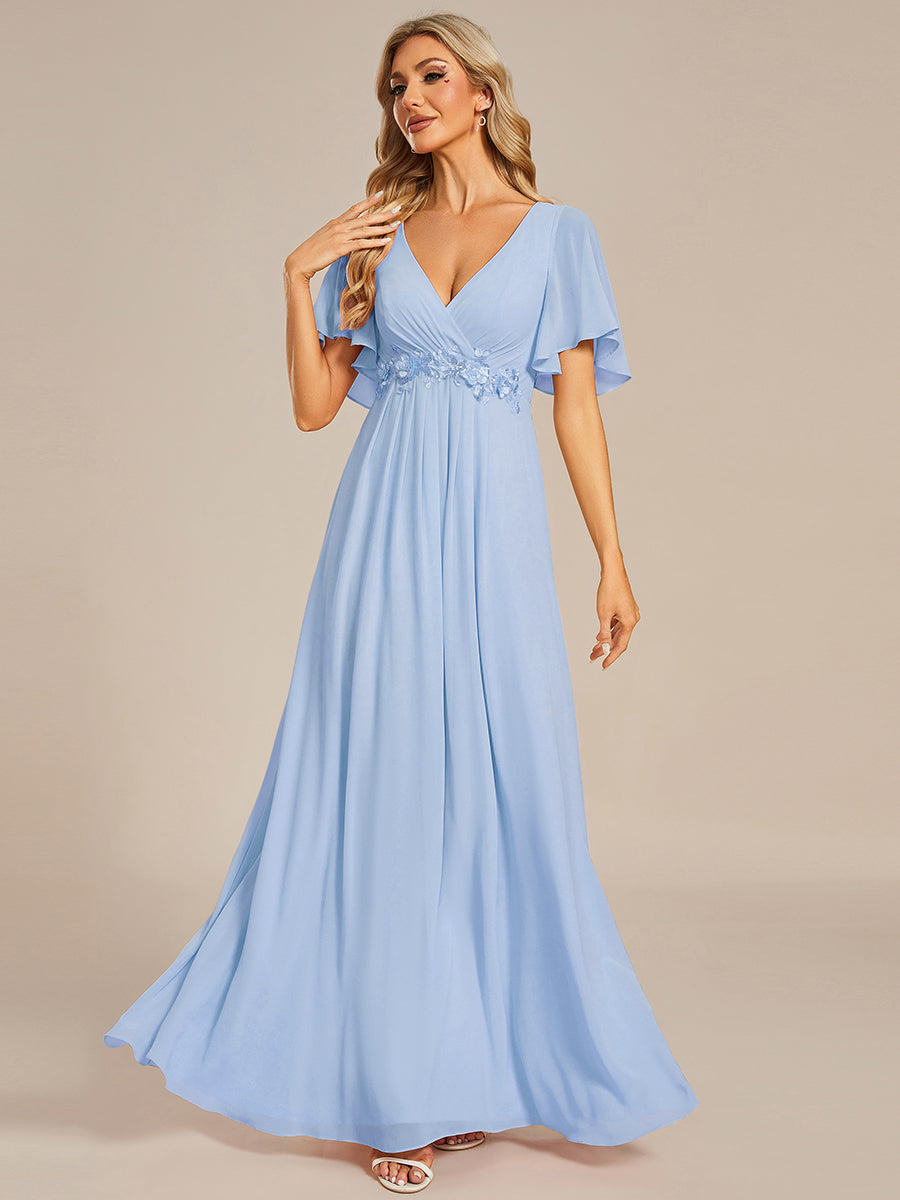 ever IVYROSE|Ruffles Sleeve A-Line Chiffon Waist Applique Maxi Wedding Guest Dress