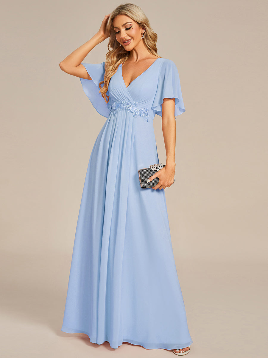 ever IVYROSE|Ruffles Sleeve A-Line Chiffon Waist Applique Maxi Wedding Guest Dress