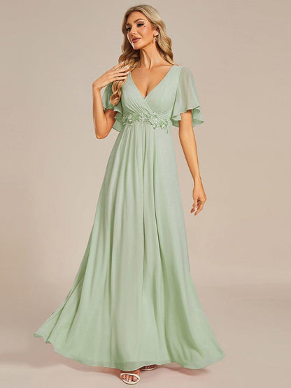 ever IVYROSE|Ruffles Sleeve A-Line Chiffon Waist Applique Maxi Mother of the Bride Dress