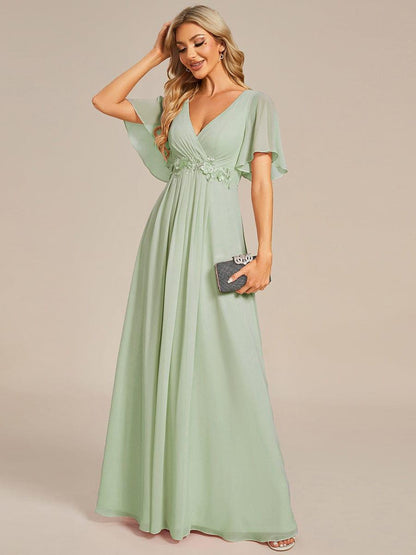 ever IVYROSE|Ruffles Sleeve A-Line Chiffon Waist Applique Maxi Mother of the Bride Dress