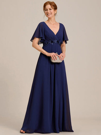 ever IVYROSE|Ruffles Sleeve A-Line Chiffon Waist Applique Maxi Mother of the Bride Dress