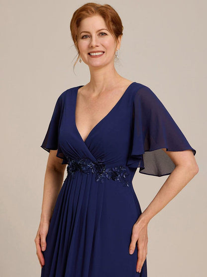 ever IVYROSE|Ruffles Sleeve A-Line Chiffon Waist Applique Maxi Mother of the Bride Dress