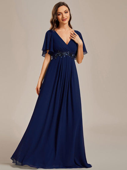 ever IVYROSE|Ruffles Sleeve A-Line Chiffon Waist Applique Maxi Formal Evening Dress