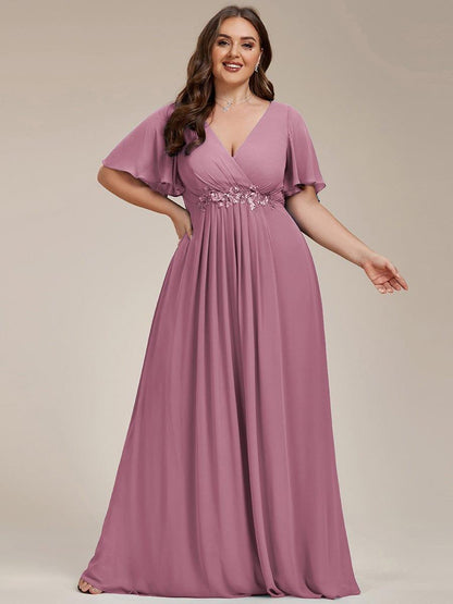 ever IVYROSE|Ruffles Sleeve A-Line Chiffon Waist Applique Maxi Mother of the Bride Dress