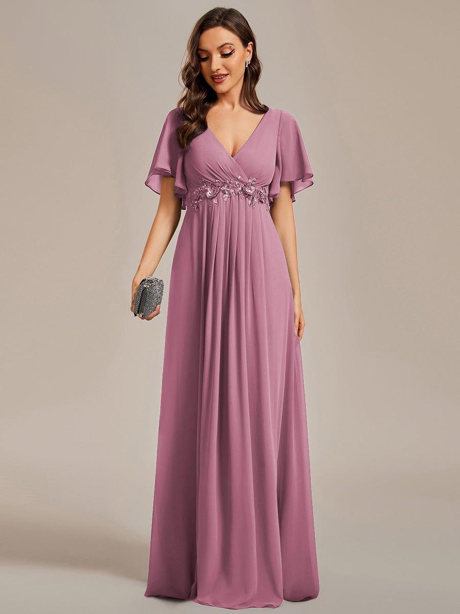 ever IVYROSE|Ruffles Sleeve A-Line Chiffon Waist Applique Maxi Mother of the Bride Dress