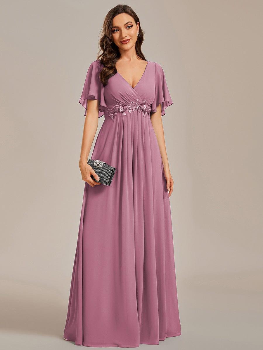 ever IVYROSE|Ruffles Sleeve A-Line Chiffon Waist Applique Maxi Mother of the Bride Dress