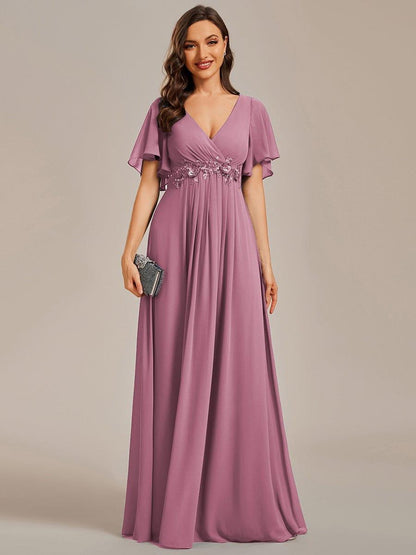 ever IVYROSE|Ruffles Sleeve A-Line Chiffon Waist Applique Maxi Mother of the Bride Dress