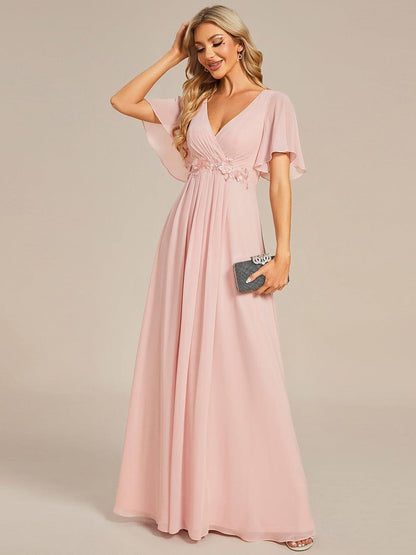 ever IVYROSE|Ruffles Sleeve A-Line Chiffon Waist Applique Maxi Mother of the Bride Dress