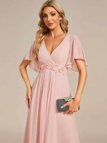 ever IVYROSE|Ruffles Sleeve A-Line Chiffon Waist Applique Maxi Formal Evening Dress