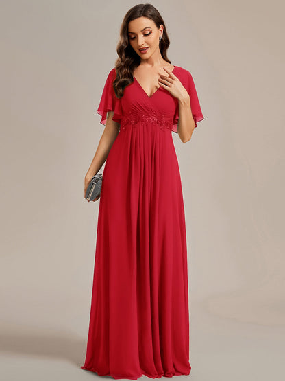 ever IVYROSE|Ruffles Sleeve A-Line Chiffon Waist Applique Maxi Wedding Guest Dress