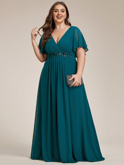 ever IVYROSE|Ruffles Sleeve A-Line Chiffon Waist Applique Maxi Formal Evening Dress