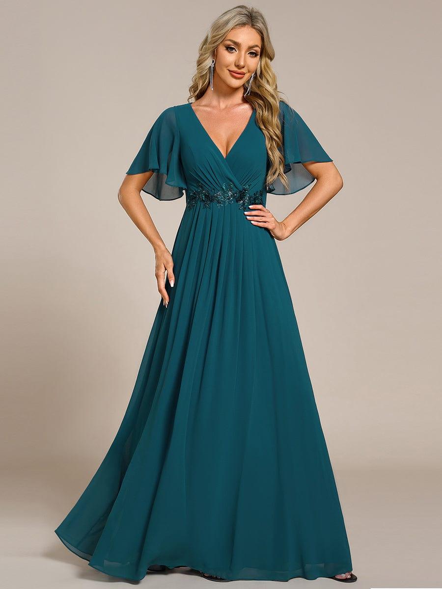 ever IVYROSE|Ruffles Sleeve A-Line Chiffon Waist Applique Maxi Mother of the Bride Dress