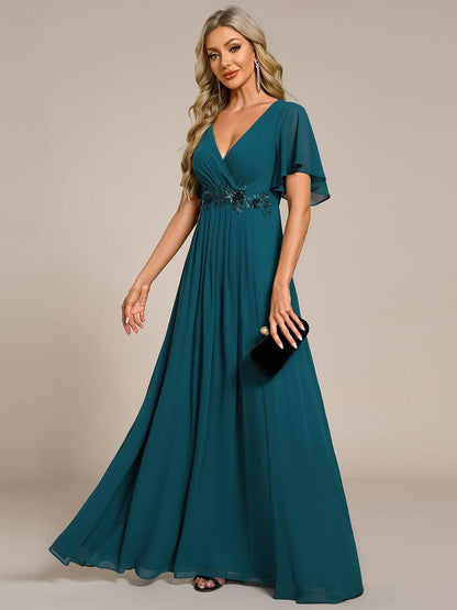 ever IVYROSE|Ruffles Sleeve A-Line Chiffon Waist Applique Maxi Mother of the Bride Dress