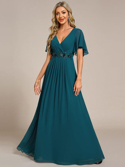 ever IVYROSE|Ruffles Sleeve A-Line Chiffon Waist Applique Maxi Mother of the Bride Dress