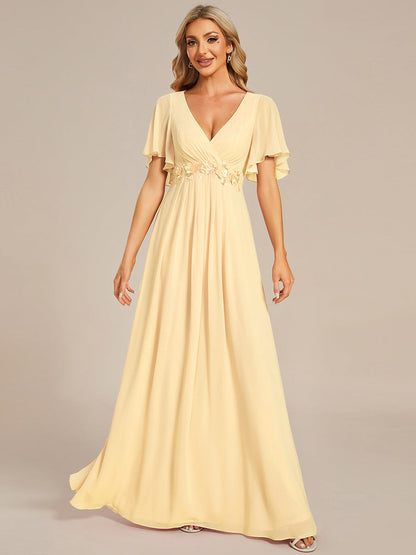 ever IVYROSE|Ruffles Sleeve A-Line Chiffon Waist Applique Maxi Wedding Guest Dress