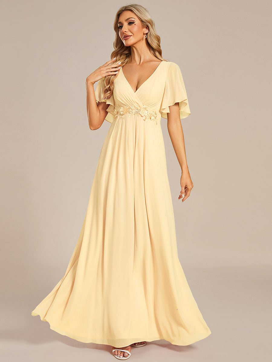 ever IVYROSE|Ruffles Sleeve A-Line Chiffon Waist Applique Maxi Wedding Guest Dress