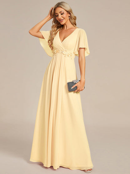 ever IVYROSE|Ruffles Sleeve A-Line Chiffon Waist Applique Maxi Wedding Guest Dress