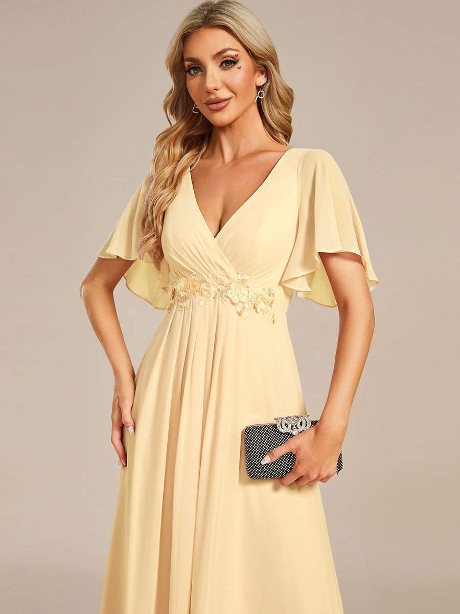ever IVYROSE|Ruffles Sleeve A-Line Chiffon Waist Applique Maxi Wedding Guest Dress