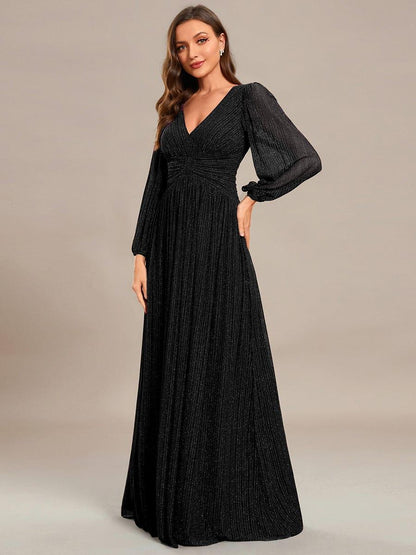 ever BRYM|Sequin Long Lantern Sleeves Maxi Wedding Guest Dress