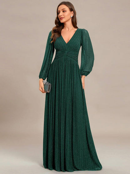 ever BRYM|Glittery Empire Waist Long Lantern Sleeves A-Line Evening Dress