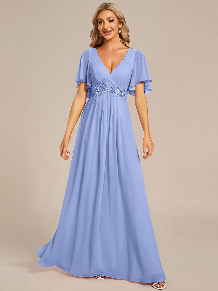 ever IVYROSE|Ruffles Sleeve A-Line Chiffon Waist Applique Maxi Formal Evening Dress