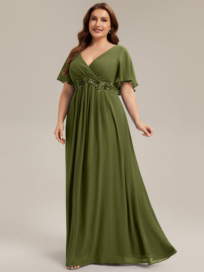 ever IVYROSE|Ruffles Sleeve A-Line Chiffon Waist Applique Maxi Wedding Guest Dress