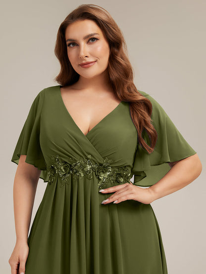 pretty IVYROSE|Plus Size Floral Applique Short Sleeve A-Line Chiffon Formal Evening Dress
