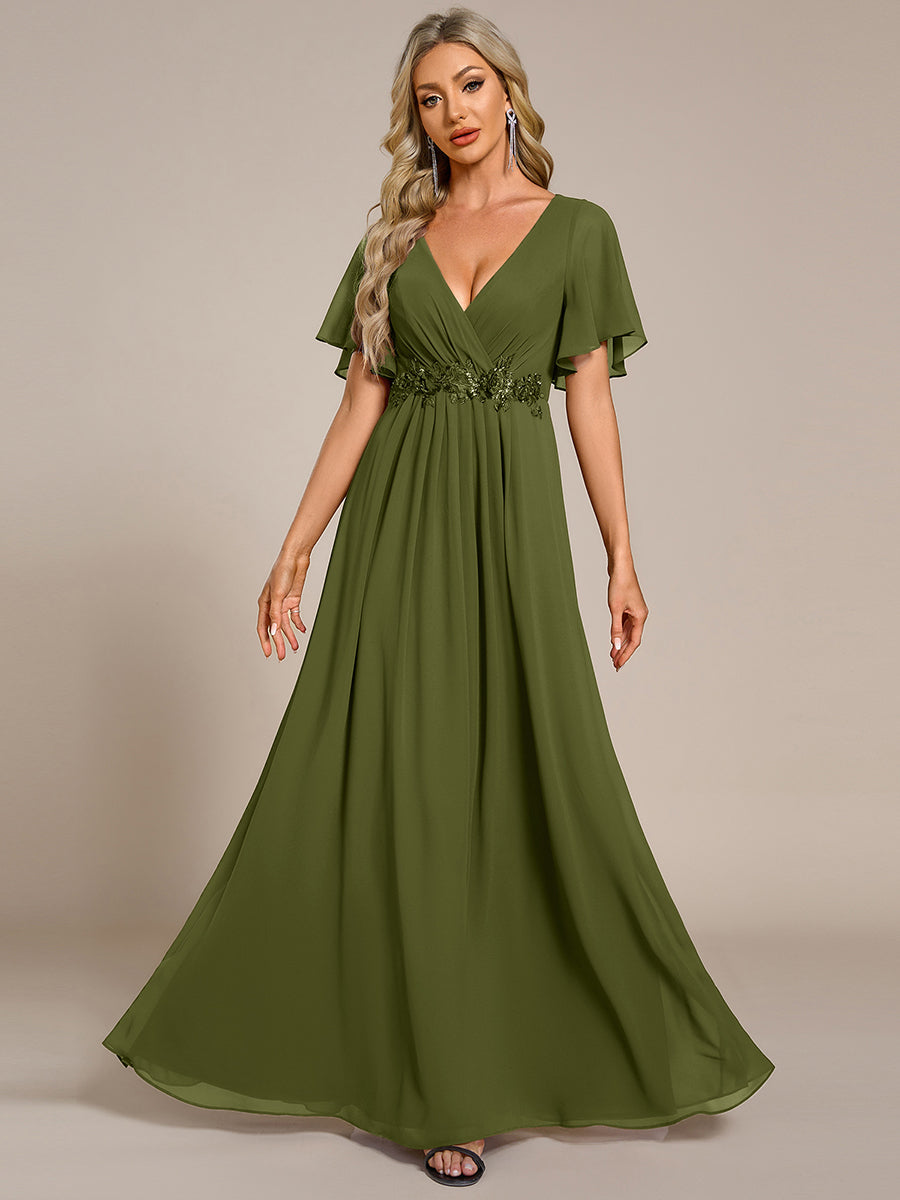 ever IVYROSE|Ruffles Sleeve A-Line Chiffon Waist Applique Maxi Wedding Guest Dress