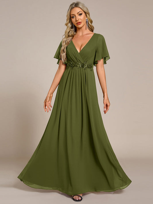 ever IVYROSE|Ruffles Sleeve A-Line Chiffon Waist Applique Maxi Wedding Guest Dress