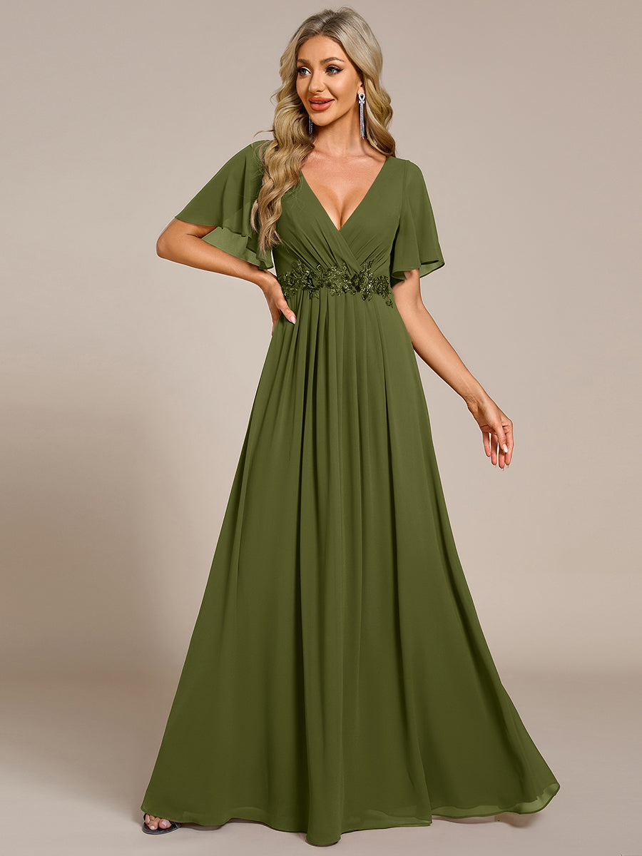 ever IVYROSE|Ruffles Sleeve A-Line Chiffon Waist Applique Maxi Wedding Guest Dress