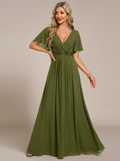 ever IVYROSE|Ruffles Sleeve A-Line Chiffon Waist Applique Maxi Wedding Guest Dress