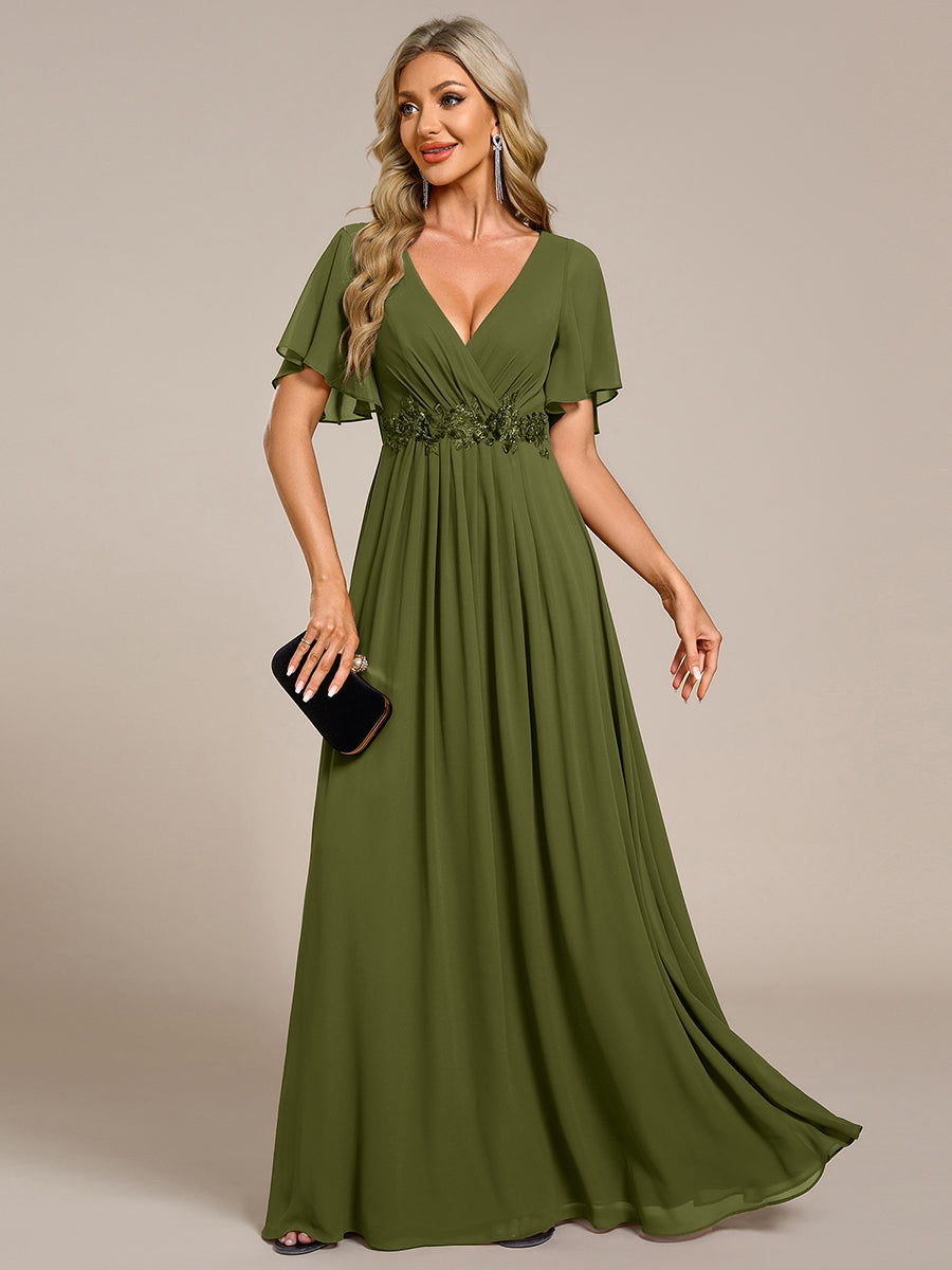 ever IVYROSE|Ruffles Sleeve A-Line Chiffon Waist Applique Maxi Wedding Guest Dress
