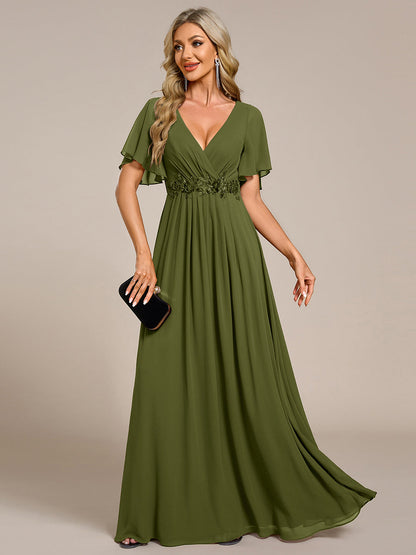 ever IVYROSE|Ruffles Sleeve A-Line Chiffon Waist Applique Maxi Wedding Guest Dress