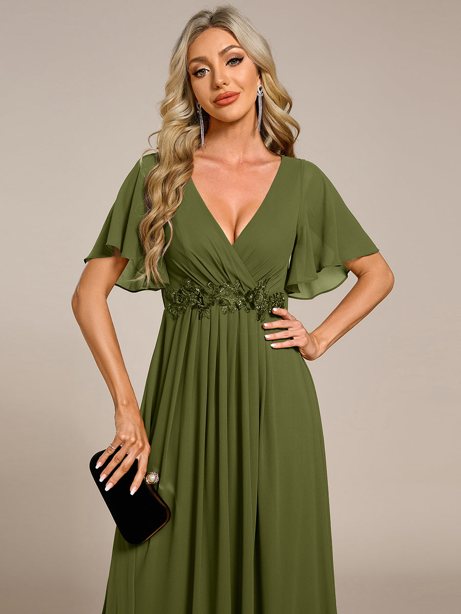 ever IVYROSE|Ruffles Sleeve A-Line Chiffon Waist Applique Maxi Wedding Guest Dress